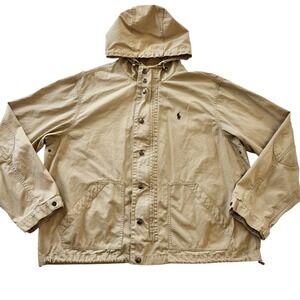 Polo Ralph Lauren Vintage Tan khaki Hooded Full Zip Cotton Jacket Men's XL pony